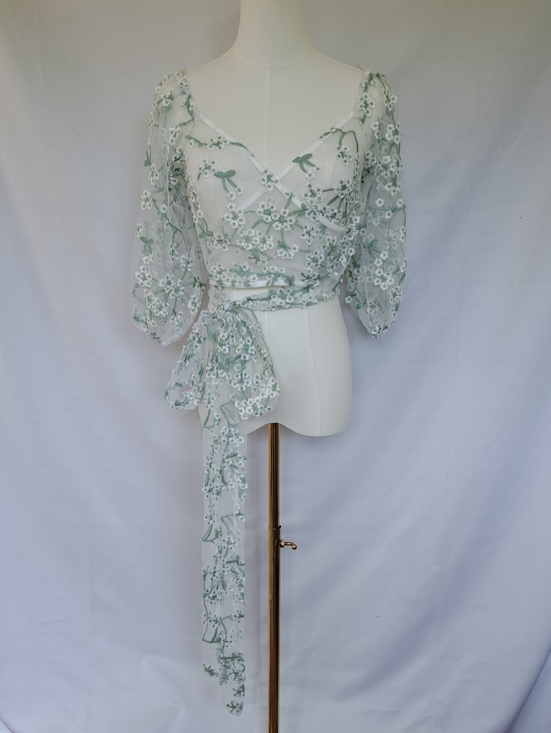 Windsor Tops - Windsor Sheer Floral Embroidered Wrap Top Fairy Cottage Coquette Garden Party M‎